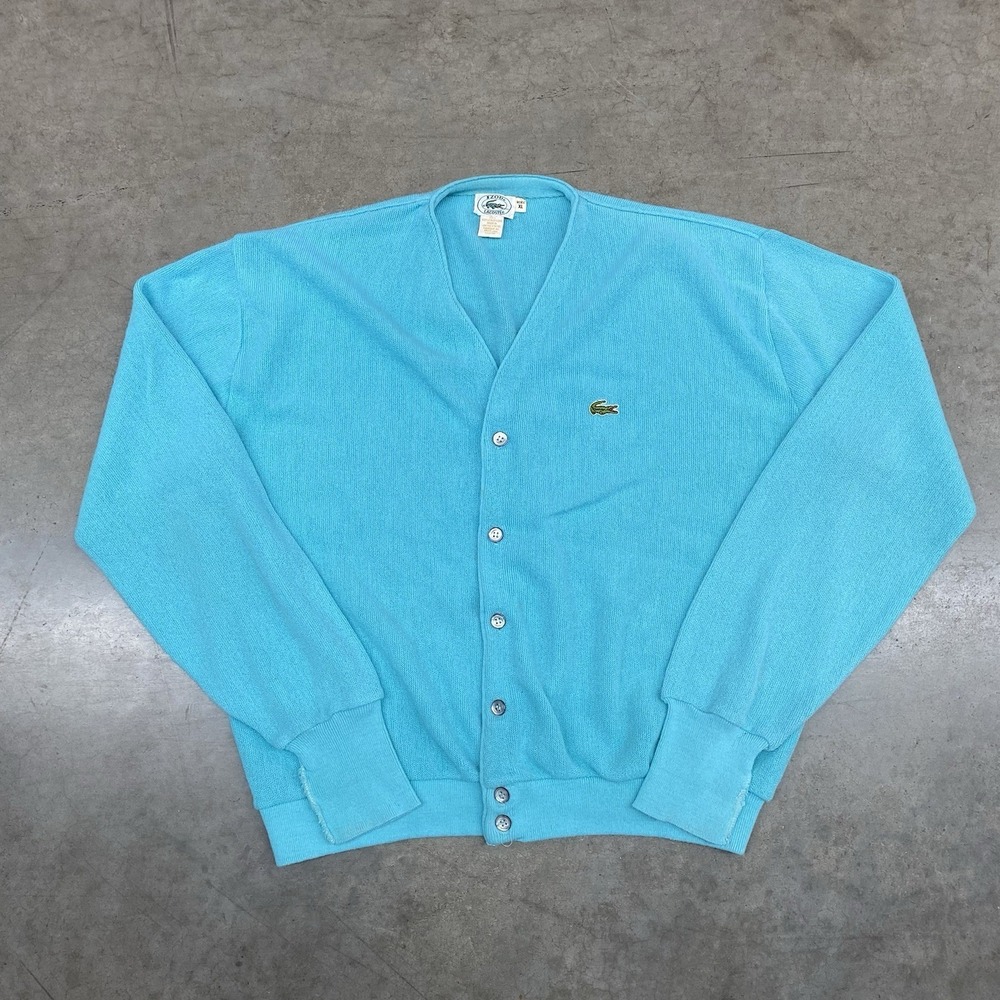 Vintage 80's Izod Lacoste Men's Blue V-Neck Cardigan Sweater Size XL Made In USA